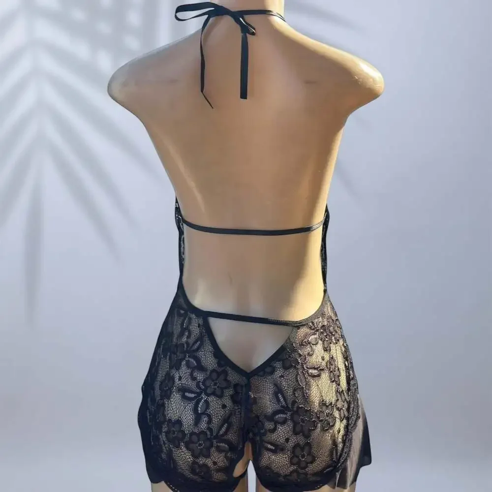 Women's Black Lace Deep V-Neck Halter Teddy Bodysuit Lingerie ✧ S - Picture 3 of 4